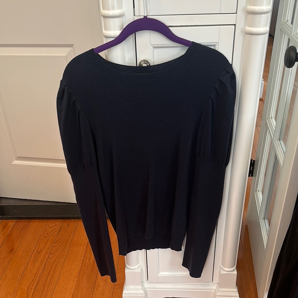 J Crew Navy Ribbed Top with Puff Sleeves